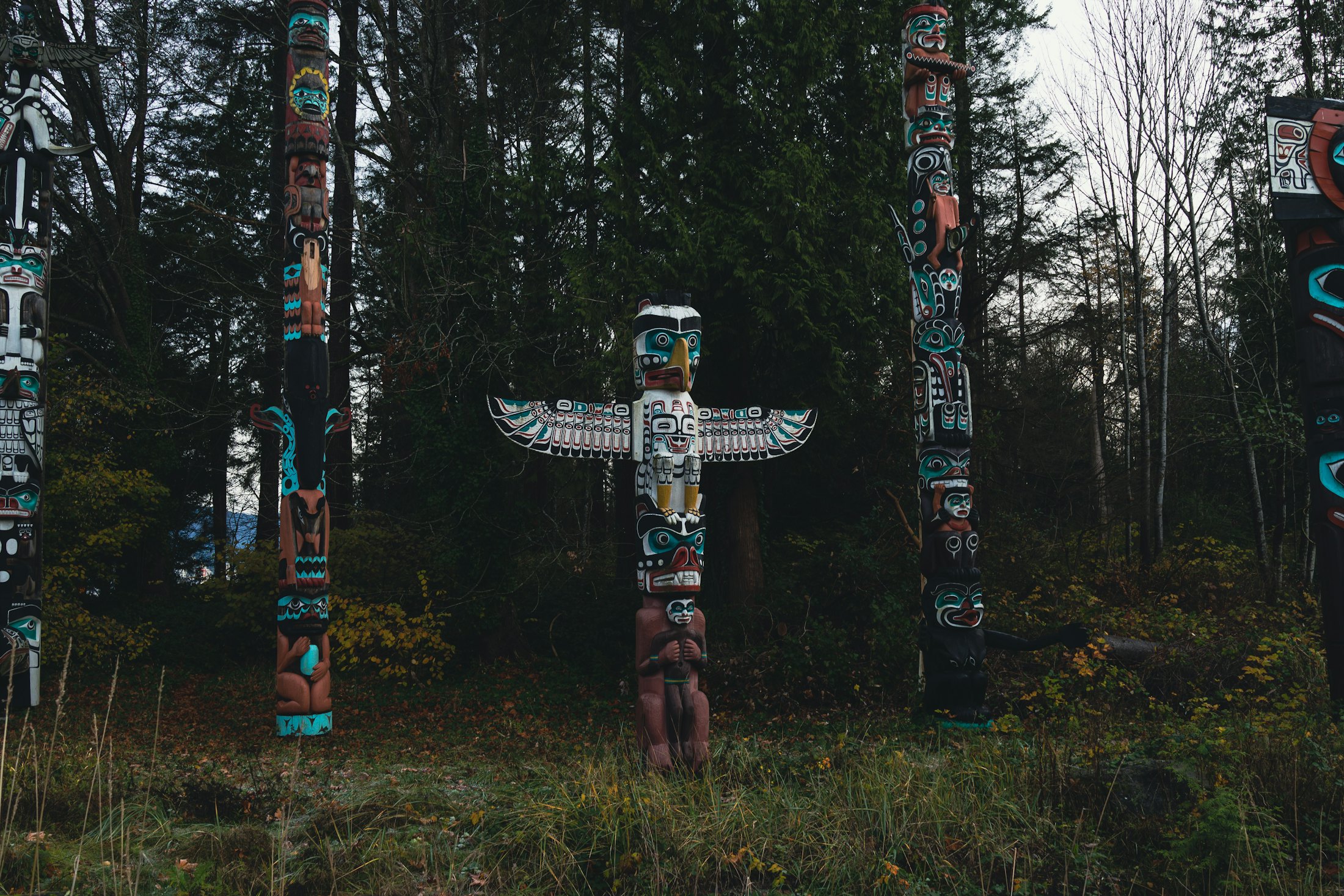 Carved wooden Indigenous figure in green forest, evoking connection to land and community