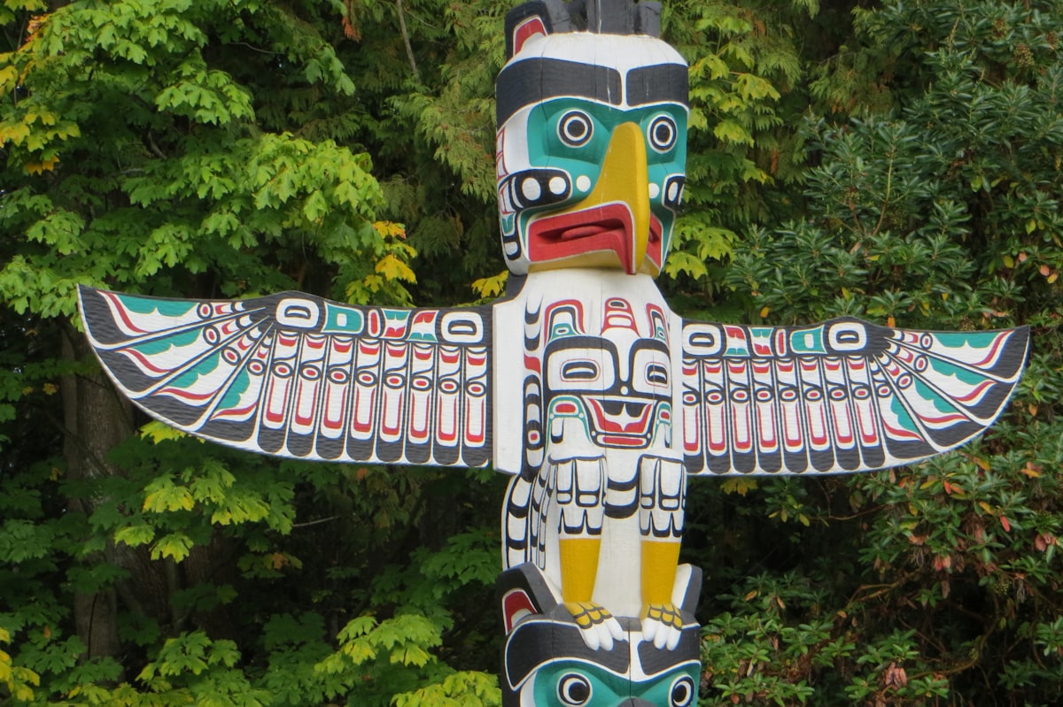 Intricately carved cedar totem pole with bird and animal figures