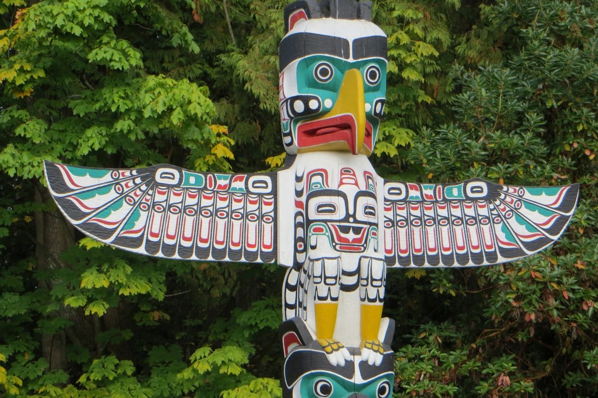 Intricately carved cedar totem pole with bird and animal figures